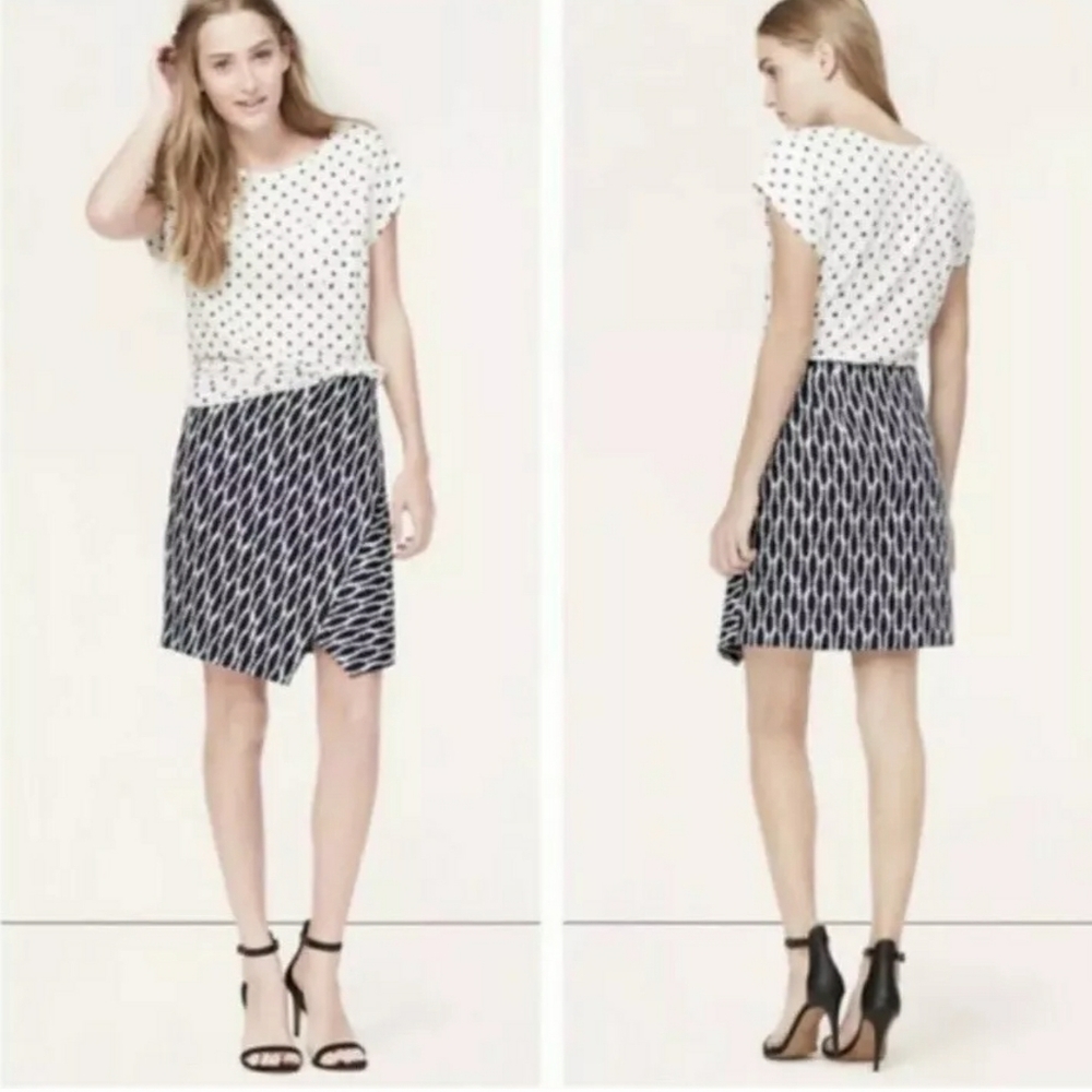 NWT! LOFT Navy Blue & White Print Asymmetrical Faux Wrap Skirt MP